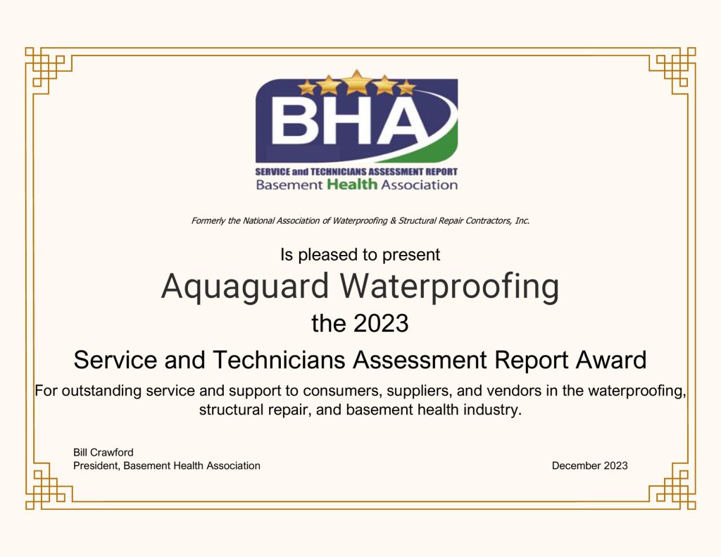 Aquaguard Waterproofing - Basement Health Association Award