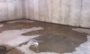 Concrete basement corner with patches of water on the floor, suggesting leakage or flooding. The scene feels damp and unwelcoming.