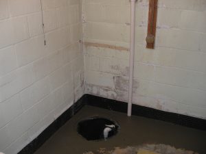 Basement corner with exposed concrete walls, a sump pump pit, and a white PVC pipe. The area appears utilitarian and slightly worn.