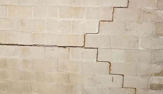 A cracked cinder block wall with a prominent jagged horizontal and step-like vertical crack. The image conveys a sense of structural damage.