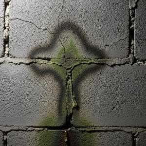 Cracked concrete wall with visible seams, highlighting a greenish, shadowy cross pattern in the center. The texture is rough, evoking an aged feel.