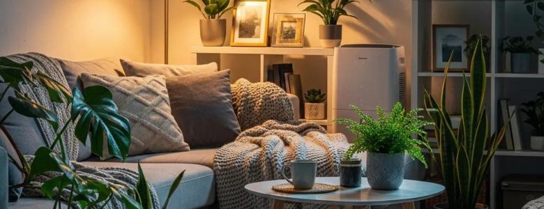 A cozy living room with a gray sofa, layered with blankets and cushions, surrounded by lush green plants. A warm lamp and small coffee table add a serene ambiance.