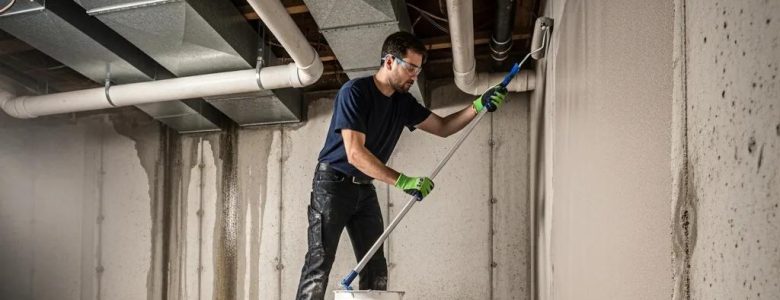 A man waterproofs a basement wall with a roller brush on a drop cloth. Tools and pipes are around him, conveying a focused, industrious mood.