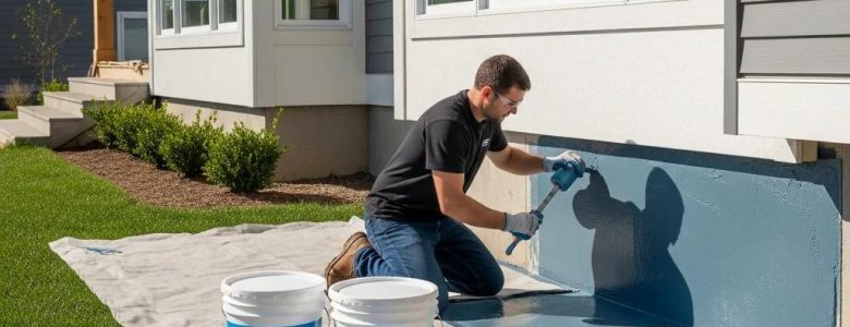 Technician applying AquaGuard waterproofing membrane to exterior foundation wall of a residential home